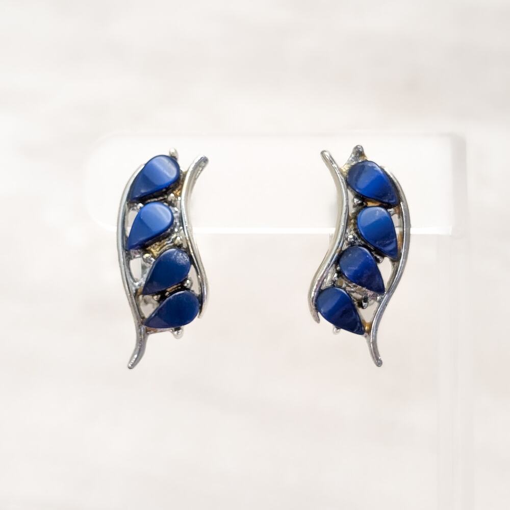 Vintage Clip On Earrings Large Statement Blue & Silver Tone - Fair Condition